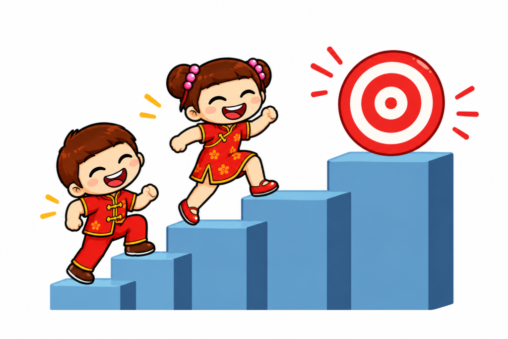chibi kids climbing toward the target